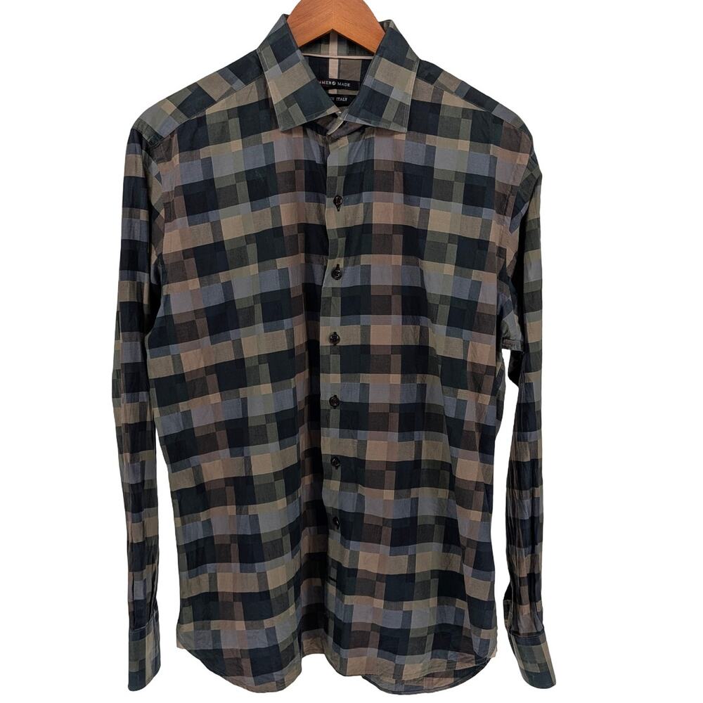 Hammer Made Shirt Mens 41/16 Green Tan Black Plaid Italian Cotton Button Up